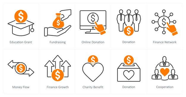 Un conjunto de 10 iconos de caridad y donación como donación en línea de recaudación de fondos para subvenciones educativas