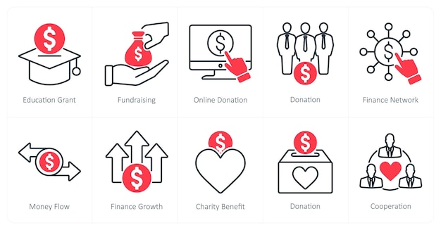 Un conjunto de 10 iconos de caridad y donación como donación en línea de recaudación de fondos para subvenciones educativas