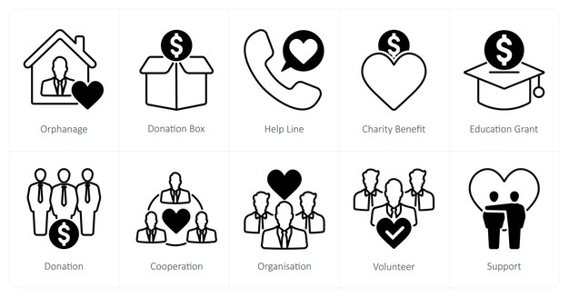 Un conjunto de 10 iconos de caridad y donación como línea de ayuda de la caja de donación del orfanato