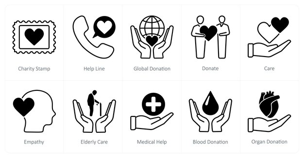 Un conjunto de 10 íconos de caridad y donación como línea de ayuda de sello de caridad donación global