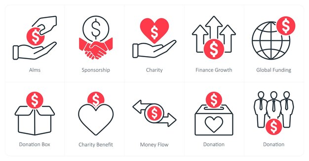 Un conjunto de 10 iconos de caridad y donación con el objetivo de patrocinar la caridad