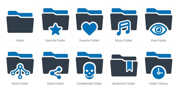 Un conjunto de 10 iconos de carpeta como carpeta carpeta favorita carpeta de música