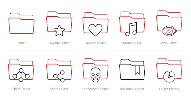 Un conjunto de 10 iconos de carpeta como carpeta carpeta favorita carpeta de música