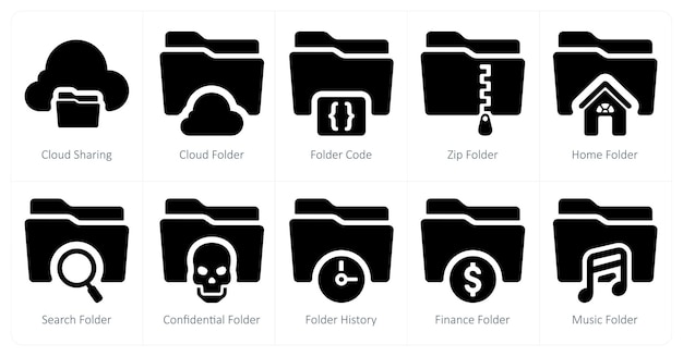 Un conjunto de 10 iconos de carpeta como código de carpeta de compartición de carpeta en la nube