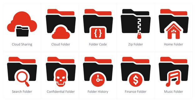 Un conjunto de 10 iconos de carpeta como código de carpeta de compartición de carpeta en la nube