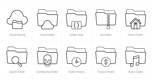 Un conjunto de 10 iconos de carpeta como código de carpeta de compartición de carpeta en la nube