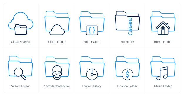 Un conjunto de 10 iconos de carpeta como código de carpeta de compartición de carpeta en la nube