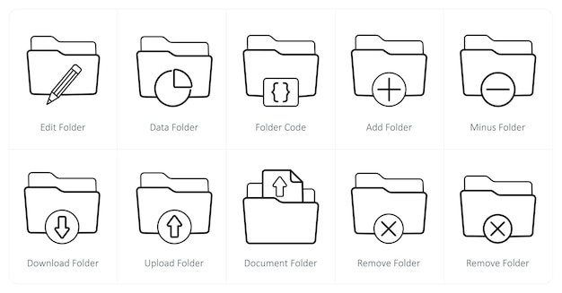 Un conjunto de 10 iconos de carpeta como código de carpeta de datos de carpeta para editar carpeta