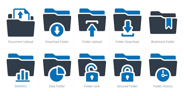 Un conjunto de 10 iconos de carpeta como documento cargar descargar carpeta cargar carpeta