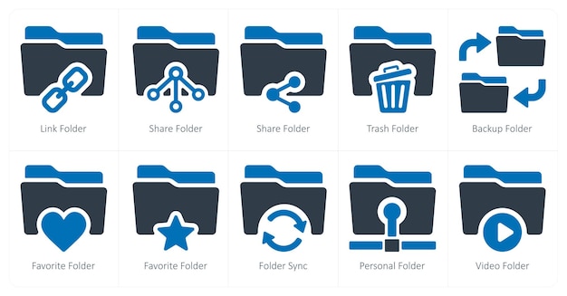 Un conjunto de 10 iconos de carpeta como enlace carpeta carpeta compartida carpeta basura carpeta