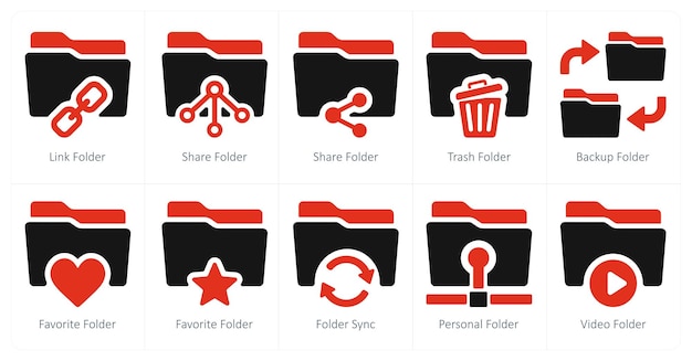 Un conjunto de 10 iconos de carpeta como enlace carpeta carpeta compartida carpeta basura carpeta