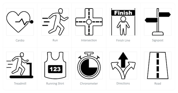 Un conjunto de 10 iconos de carrera como intersección de carrera de cardio