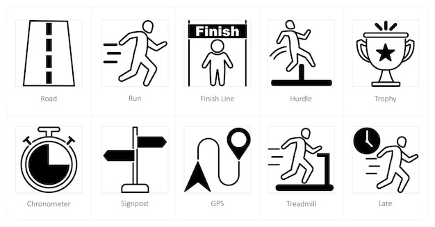 Un conjunto de 10 iconos de carrera como línea de meta de carrera por carretera