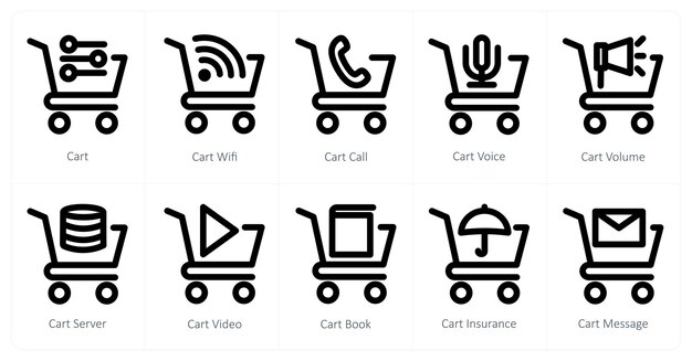 Un conjunto de 10 iconos de carrito como llamada de carrito wifi