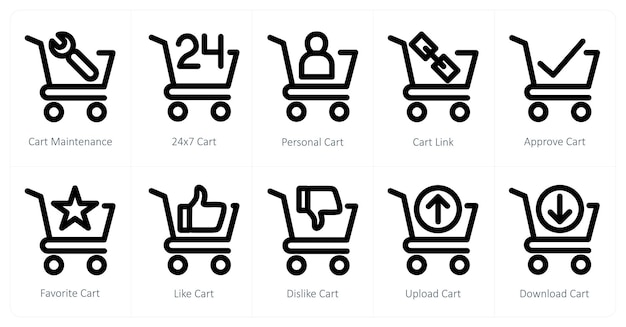Un conjunto de 10 iconos de carrito como mantenimiento de carrito 24x7 carrito carrito personal