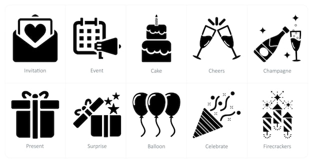 Un conjunto de 10 iconos de celebración como pastel de invitación para el evento