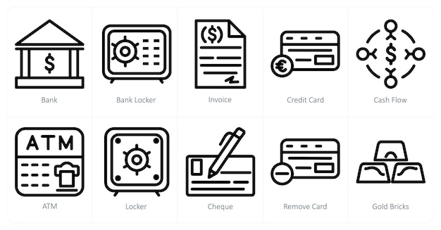 Un conjunto de 10 iconos comerciales como factura de casillero bancario