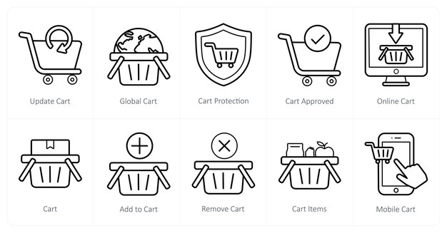 Un conjunto de 10 iconos de comercio electrónico como actualización del carrito protección global del carrito del carrito