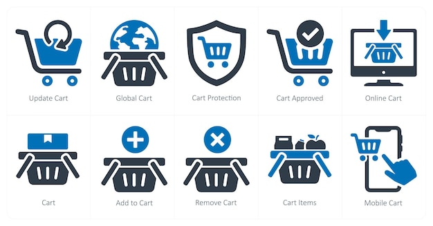 Un conjunto de 10 iconos de comercio electrónico como actualización del carrito protección global del carrito del carrito