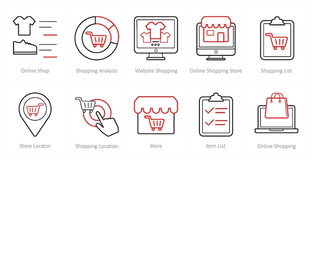 Un conjunto de 10 íconos de comercio electrónico como análisis de compras en la tienda en línea y compras en el sitio web