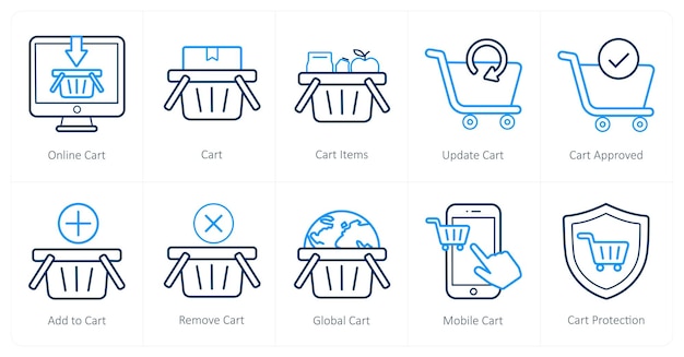 Un conjunto de 10 iconos de comercio electrónico como artículos de carrito de carrito en línea