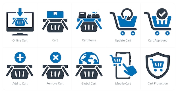Un conjunto de 10 iconos de comercio electrónico como artículos de carrito de carrito en línea