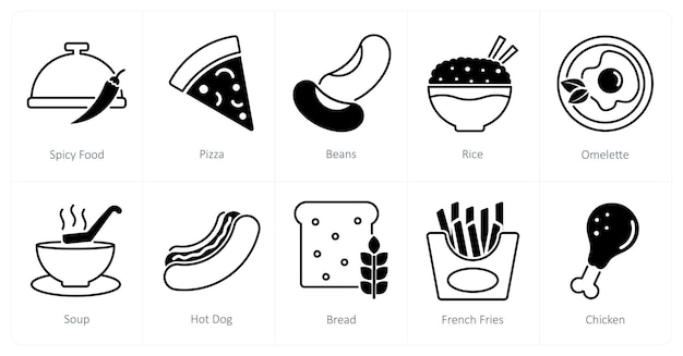 Un conjunto de 10 iconos de comida y bebida como frijoles de pizza de comida picante