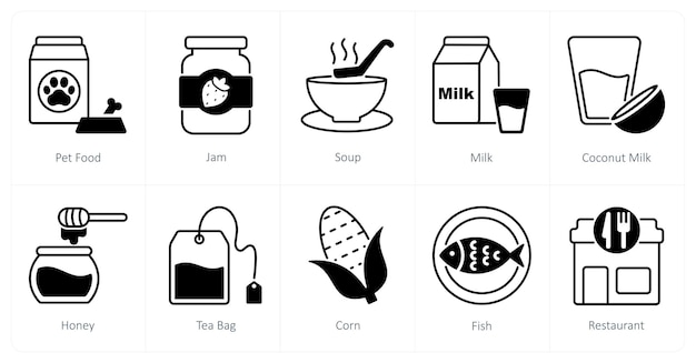 Un conjunto de 10 iconos de comida y bebida como sopa de mermelada de comida para mascotas