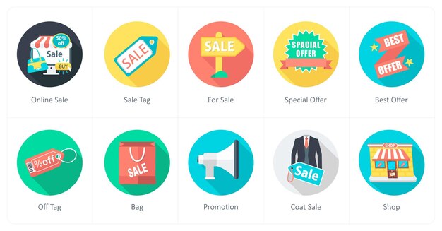 Un conjunto de 10 iconos de compras como etiqueta de venta en línea para la venta