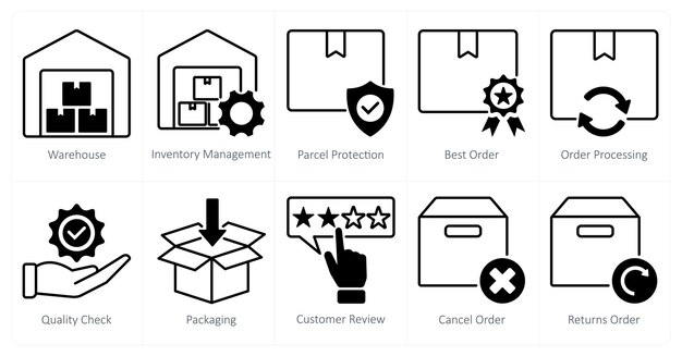 Un conjunto de 10 iconos de compras como protección de paquetes de gestión de inventario de almacén