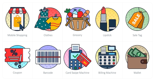 Un conjunto de 10 íconos de compras como ropa móvil de compras de comestibles