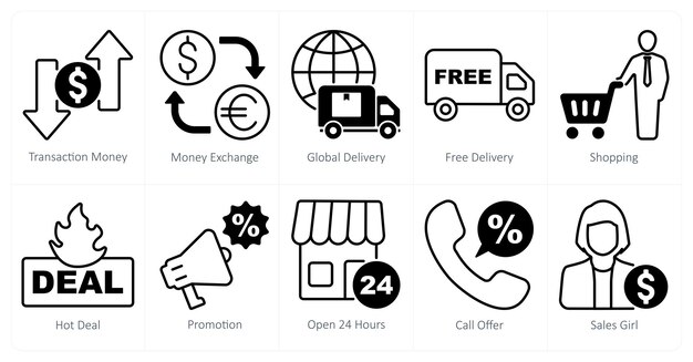Un conjunto de 10 iconos de compras como transacción de dinero intercambio de dinero entrega global