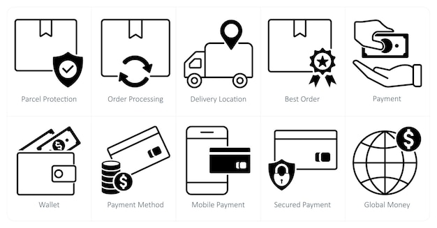 Un conjunto de 10 iconos de compras como ubicación de entrega de procesamiento de órdenes de protección de paquetes
