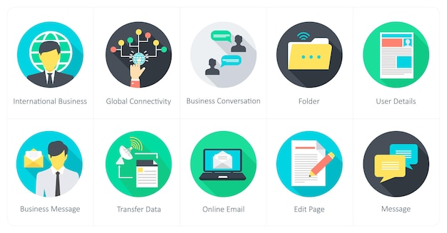 Un conjunto de 10 íconos de comunicación como conectividad global de negocios internacionales