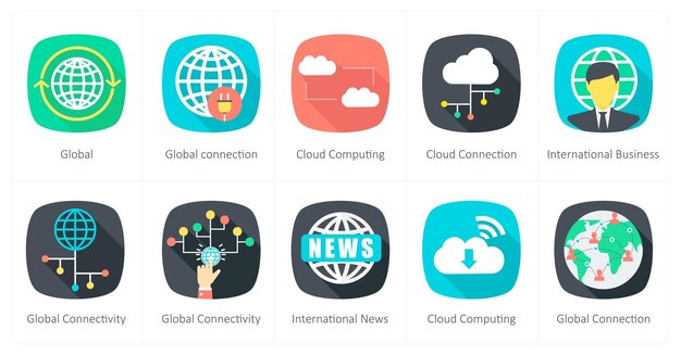 Un conjunto de 10 íconos de comunicación como conexión global global a la computación en la nube