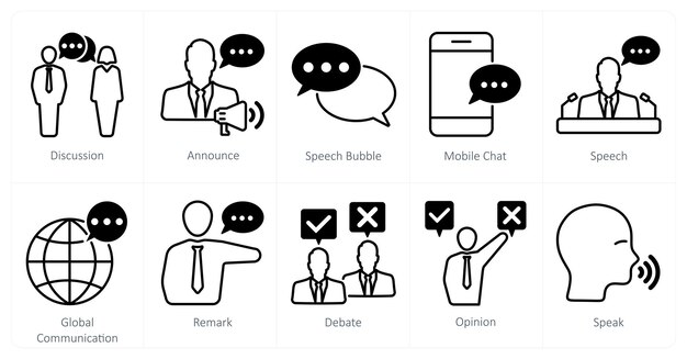 Un conjunto de 10 iconos de comunicación como discusión anuncian burbuja de habla