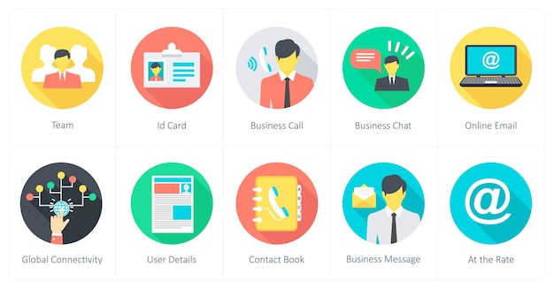 Un conjunto de 10 iconos de comunicación como tarjeta de identificación del equipo llamada de negocios