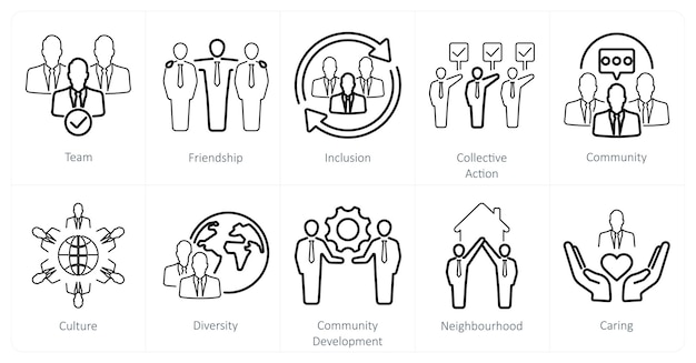 Un conjunto de 10 iconos de la comunidad como inclusión de amistad en el equipo