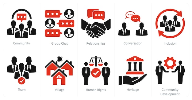 Un conjunto de 10 iconos de la comunidad como relaciones de chat de grupo de la comunidad