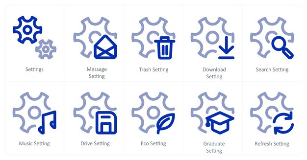 Un conjunto de 10 iconos de configuración como configuración de mensaje configuración de basura configuración