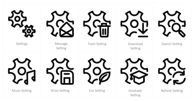 Un conjunto de 10 iconos de configuración como configuración de mensaje configuración de basura configuración