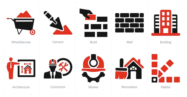 Un conjunto de 10 iconos de construcción como construcción de cemento de carretilla