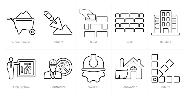 Un conjunto de 10 iconos de construcción como construcción de cemento de carretilla