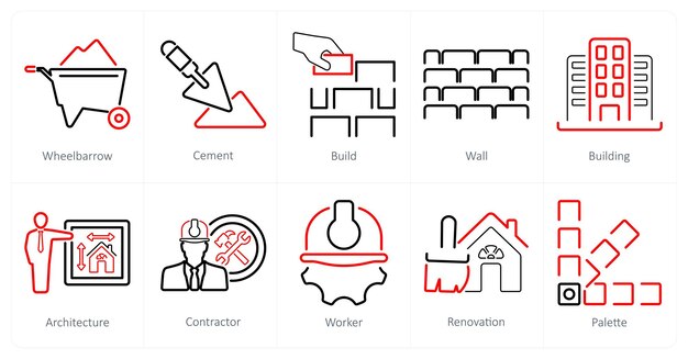 Un conjunto de 10 iconos de construcción como construcción de cemento de carretilla