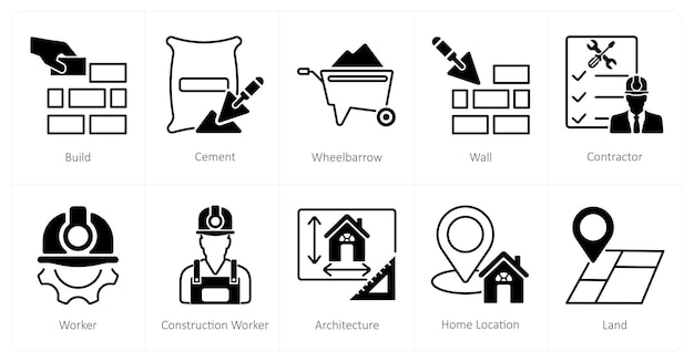 Un conjunto de 10 iconos de construcción como construir carretilla de cemento