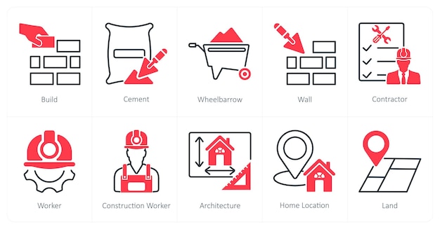 Un conjunto de 10 iconos de construcción como construir carretilla de cemento