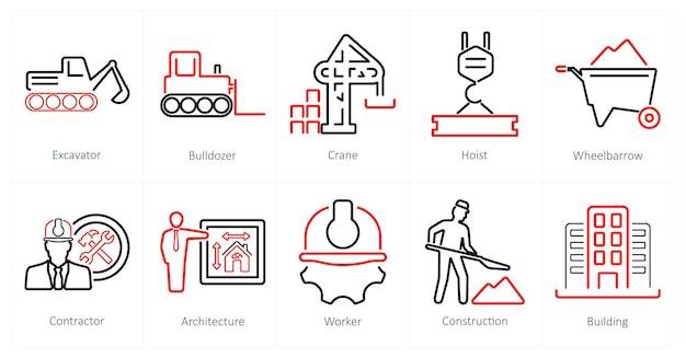 Un conjunto de 10 íconos de construcción como grúa excavadora excavador