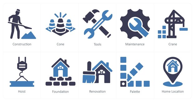 Un conjunto de 10 iconos de construcción como herramientas de cono de construcción