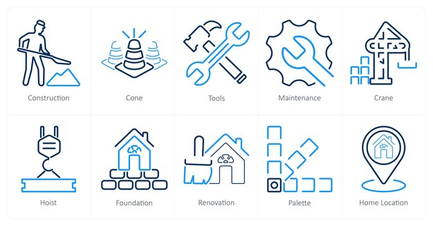 Un conjunto de 10 iconos de construcción como herramientas de cono de construcción