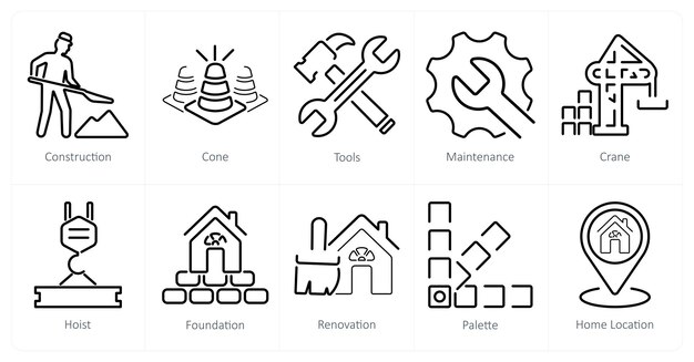 Un conjunto de 10 iconos de construcción como herramientas de cono de construcción